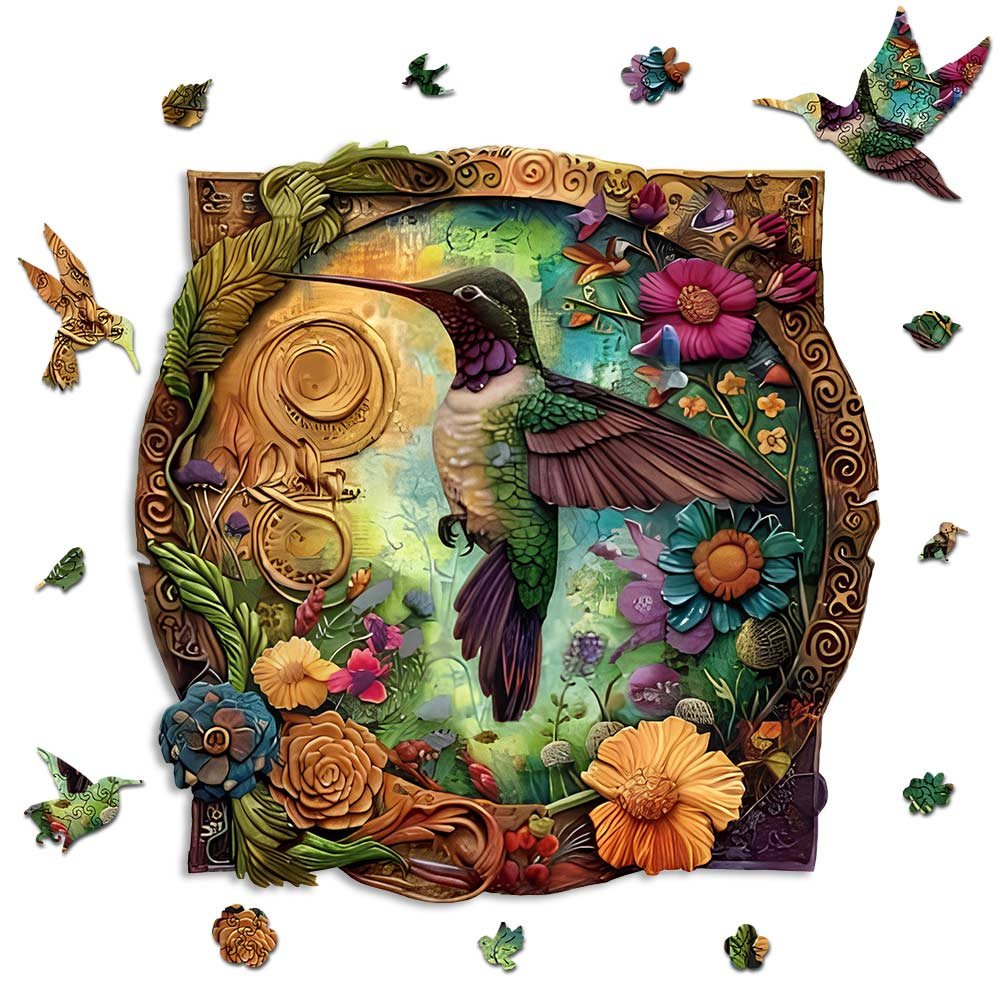Vibrant Blossom Hummingbird Wooden Jigsaw Puzzle – Unique Shaped Pieces for Adults - Image 2