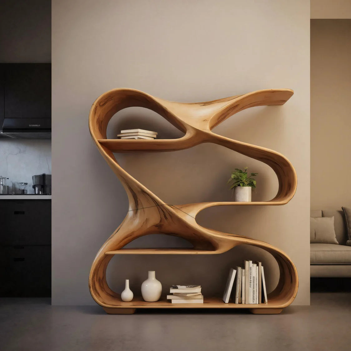 Modern Sculptural Wooden Bookshelf For Living Room Or Office Display - Image 3