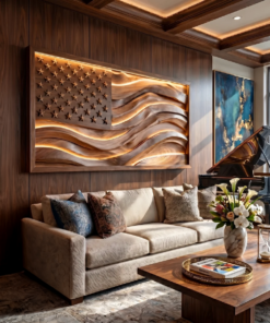 Illuminated American Flag Wood Wall Art Elegant Office Interior Decor