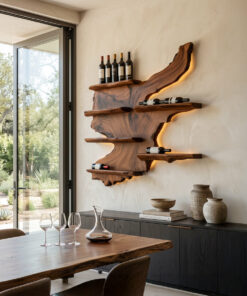 Rustic Live Edge Wine Rack Shelf With LED For Bar