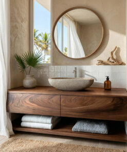 Minimalist Natural Wood Wall Mounted Bathroom Vanity For Bathroom