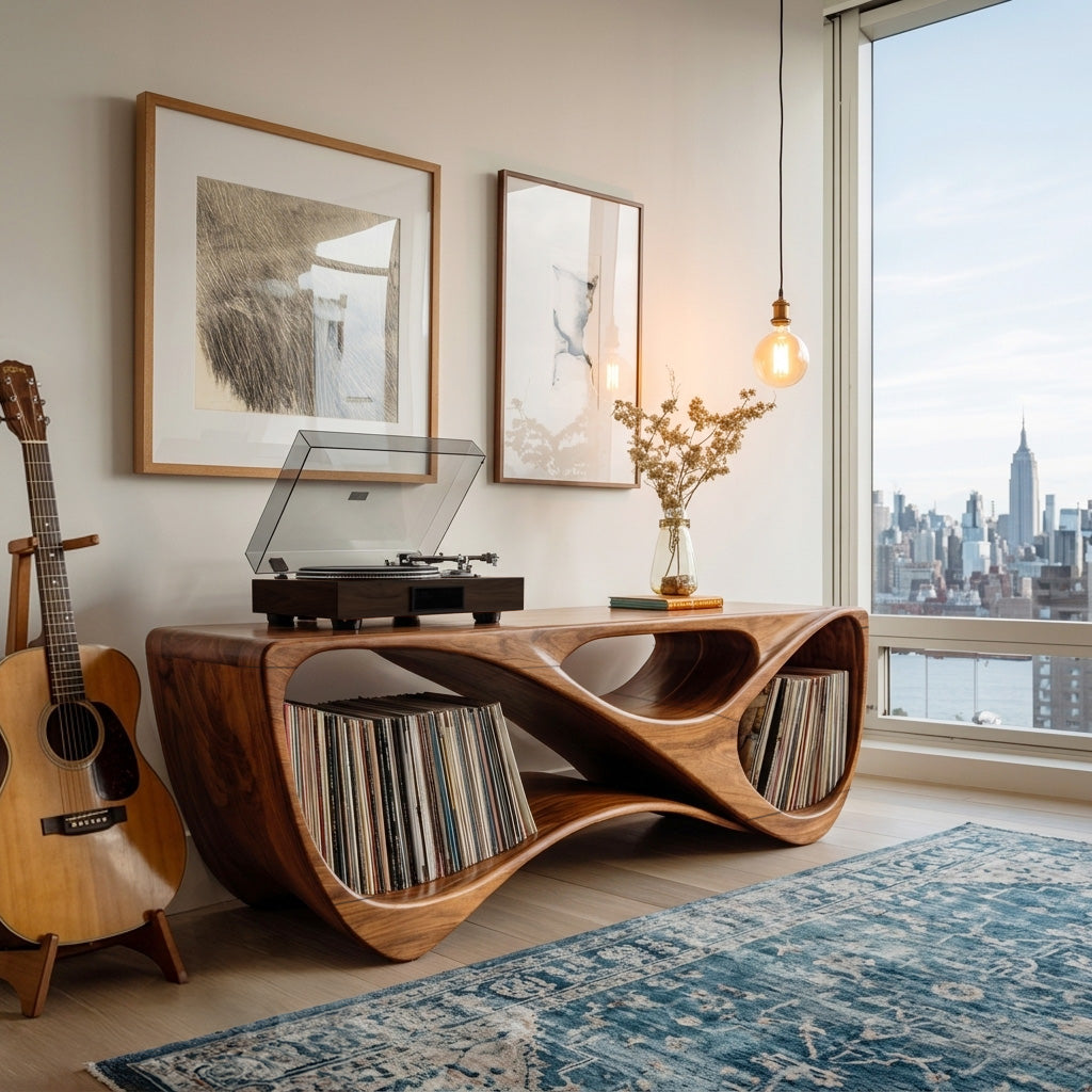 Contemporary Rounded Vinyl Record Console For Living Room - Image 2