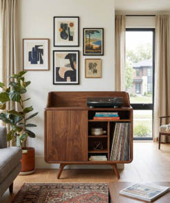 Mid Century Wooden Record Player Stand For Living Room Decor
