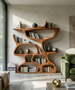 Modern Bookshelf With Organic Carved Design For Living Room Or Office