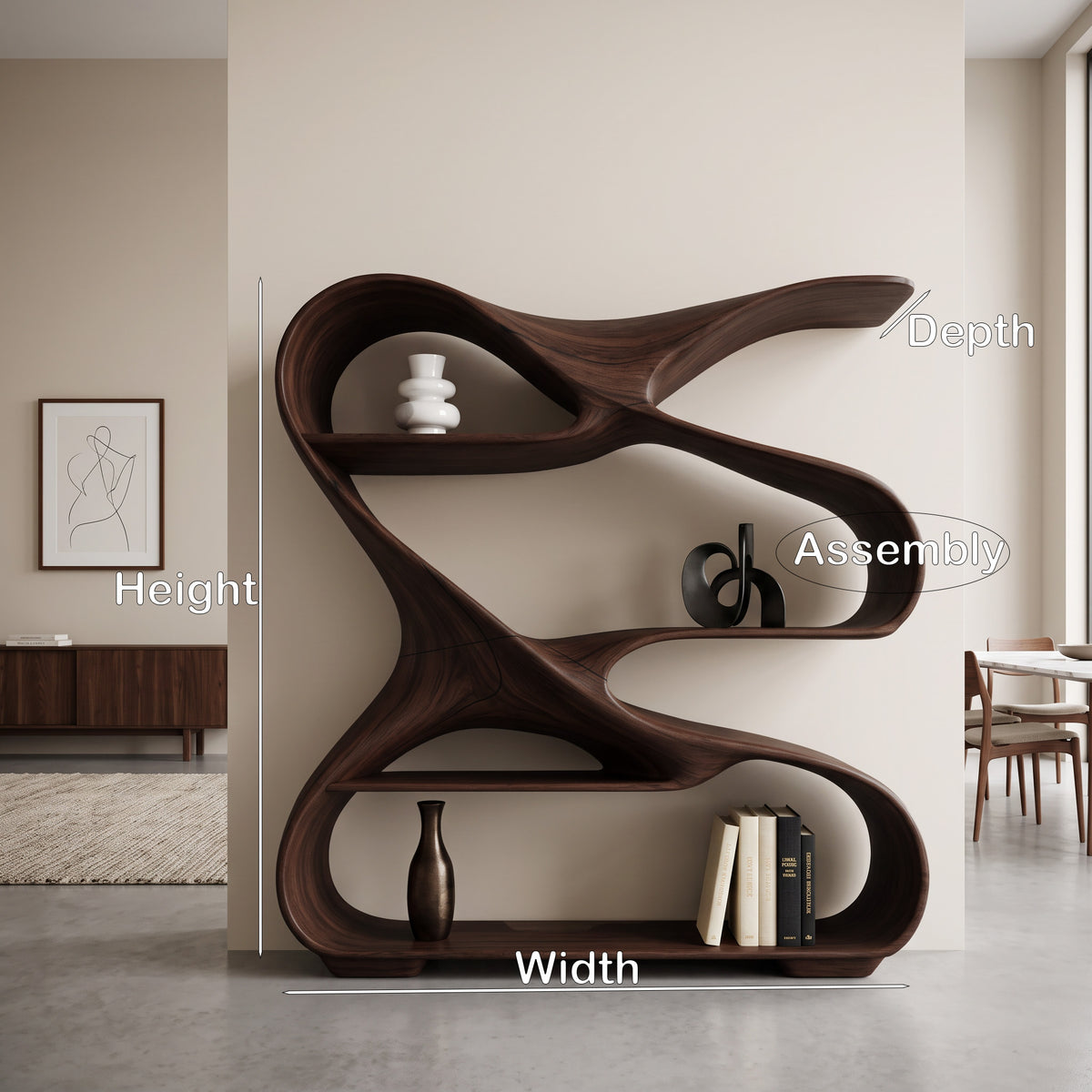 Modern Sculptural Wooden Bookshelf For Living Room Or Office Display - Image 8