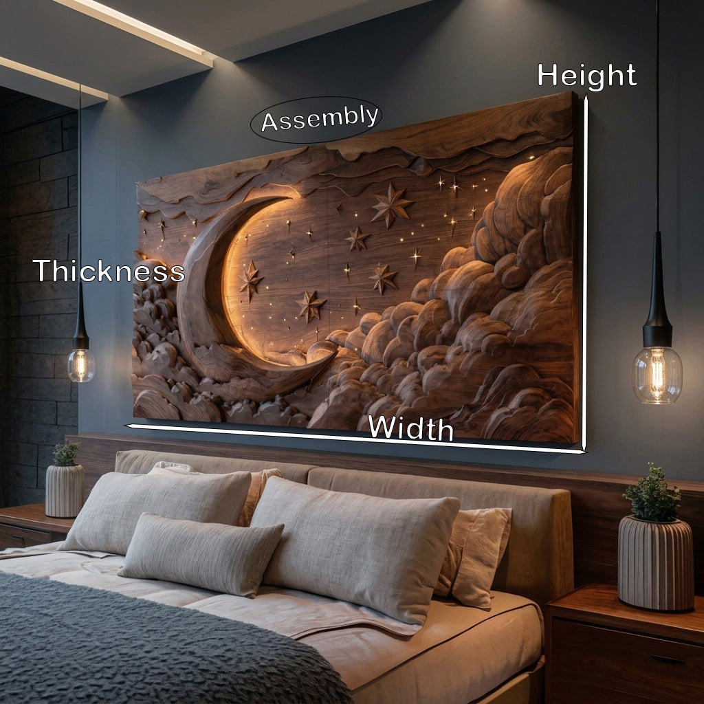 Hand Carved Wall Art Moon And Stars Panel With LED For Bedroom - Image 8