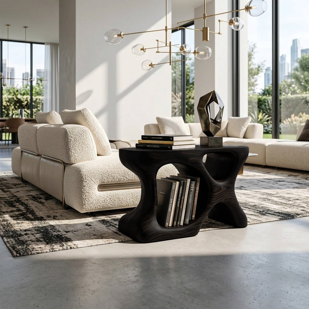 Minimalist Sculptural Wood Side Table With Organic Shape And Storage For Modern Living Room - Image 4