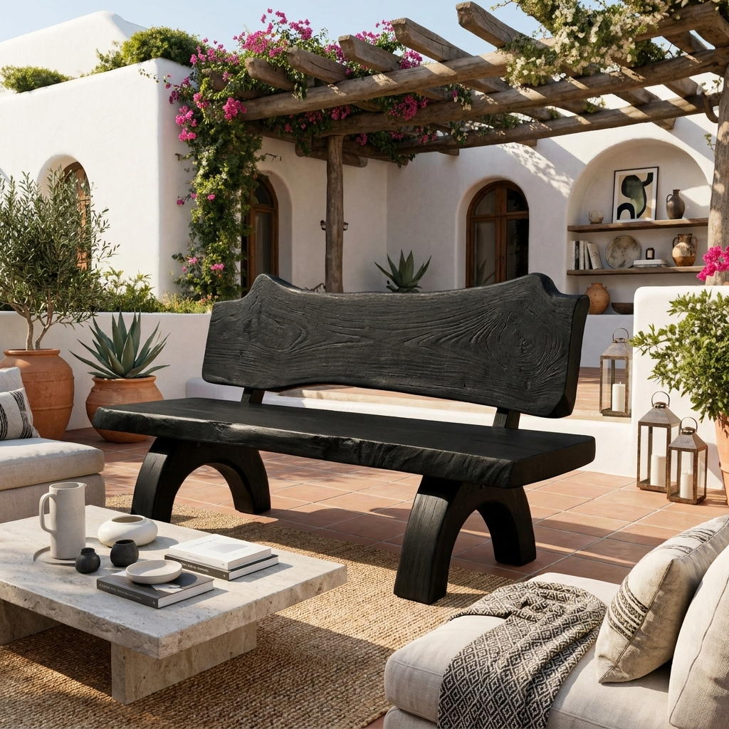 Rustic Live Edge Bench With Backrest For Patio Garden Courtyard - Image 4