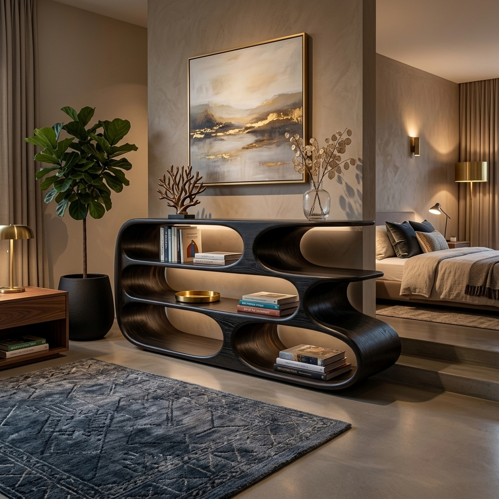 Modern Bookshelf With Sculptural Curves For Living Room Interior - Image 4