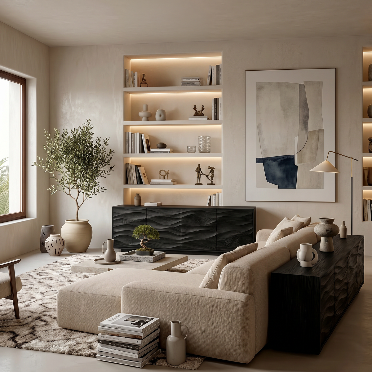 Minimalist Wooden Wave Carved Sideboard For Home - Image 5