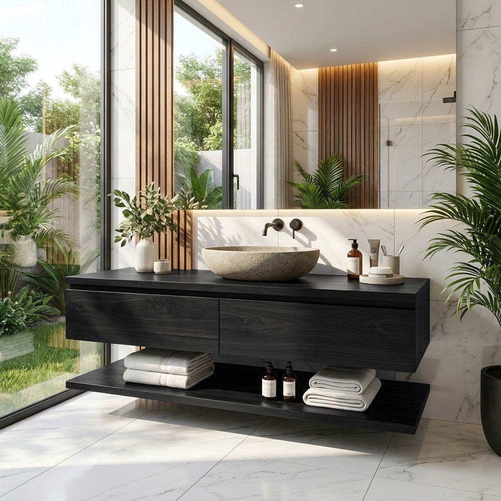 Minimalist Natural Wood Wall Mounted Bathroom Vanity For Bathroom - Image 4