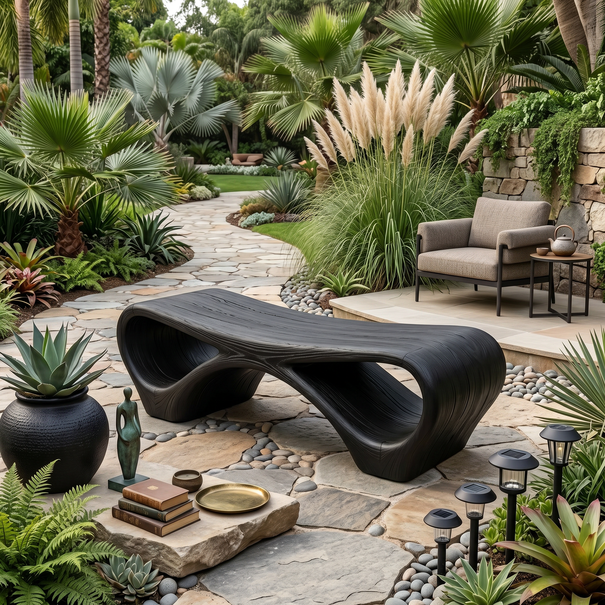 Modern Sculptural Outdoor Bench With Curved Design For Garden - Image 4