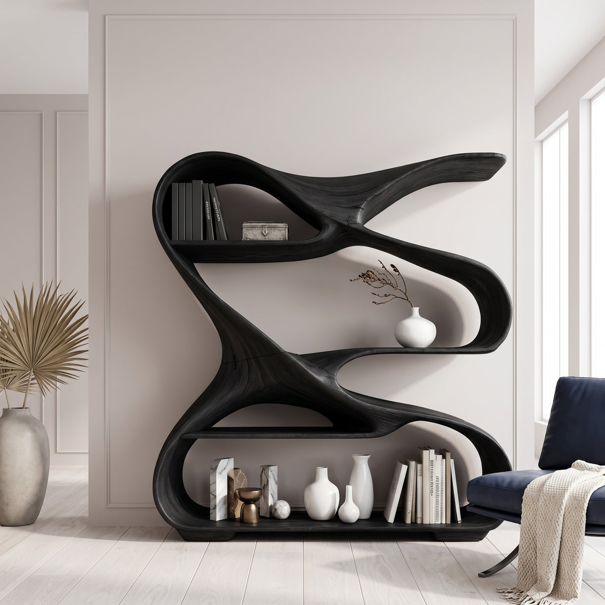 Modern Sculptural Wooden Bookshelf For Living Room Or Office Display - Image 4