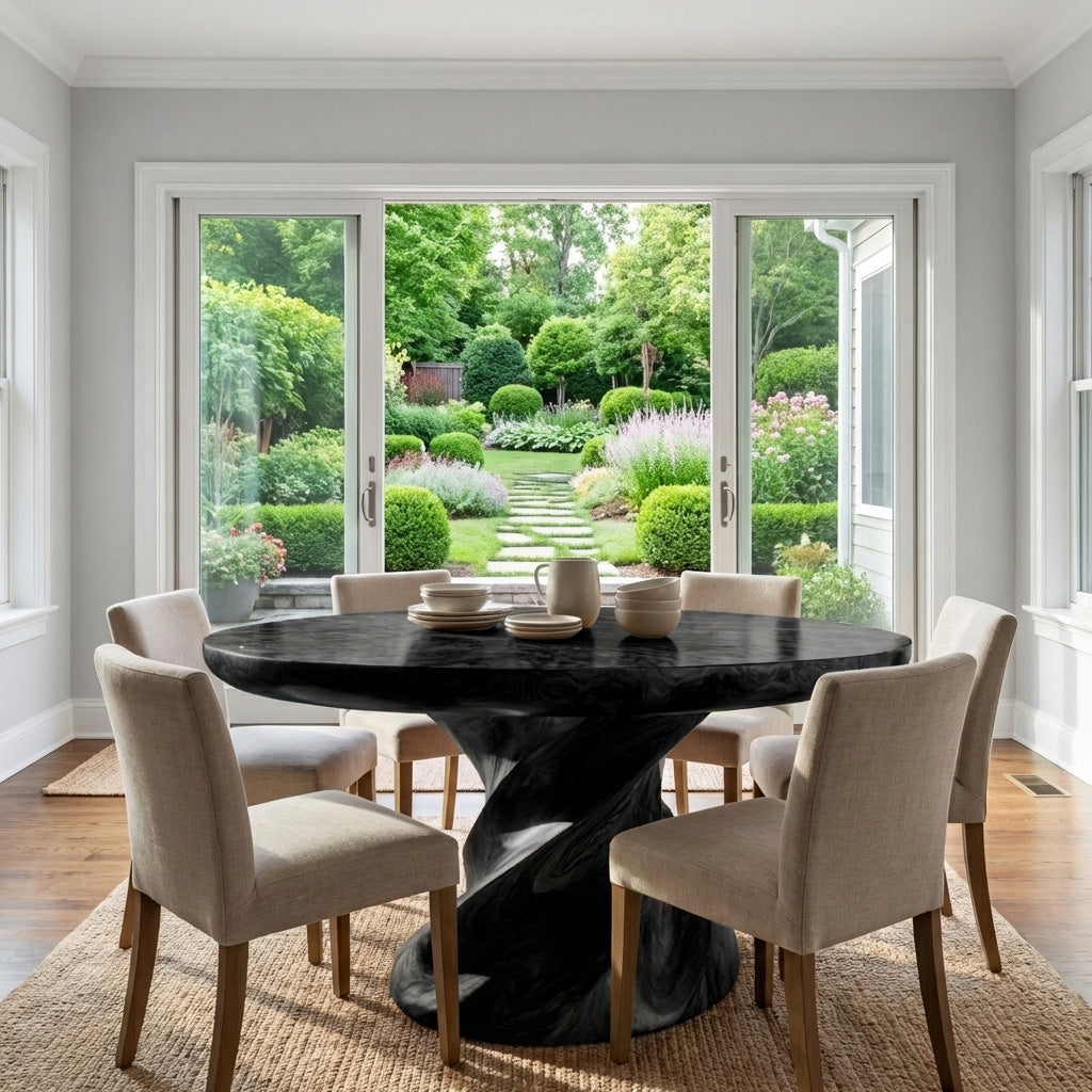 Contemporary Round Dining Table With Twisted Base For Dining Room - Image 4
