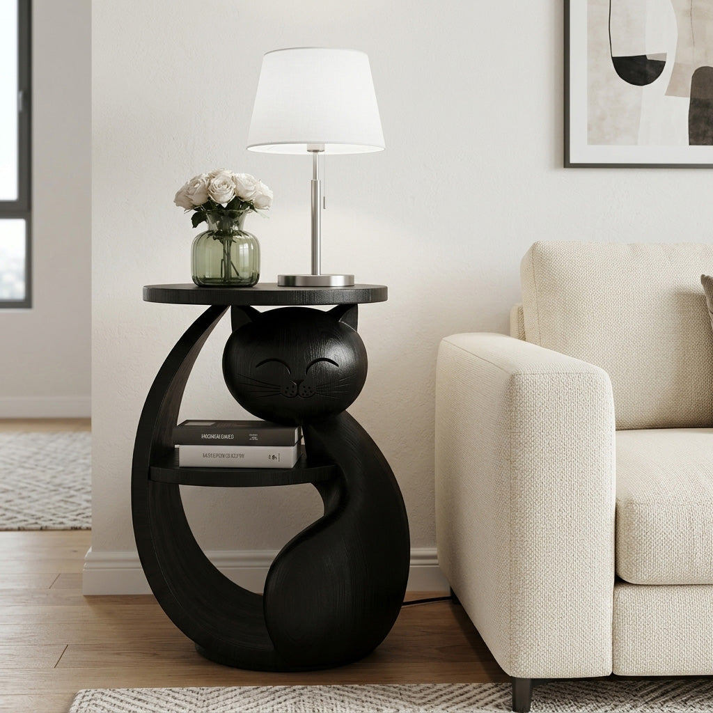 Whimsical Cat Shaped Wooden Side Table For Bedroom - Image 4