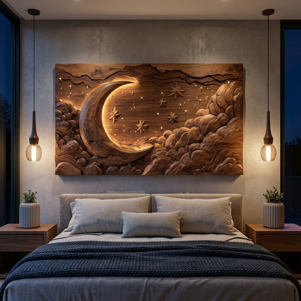 Hand Carved Wall Art Moon And Stars Panel With LED For Bedroom - Image 4