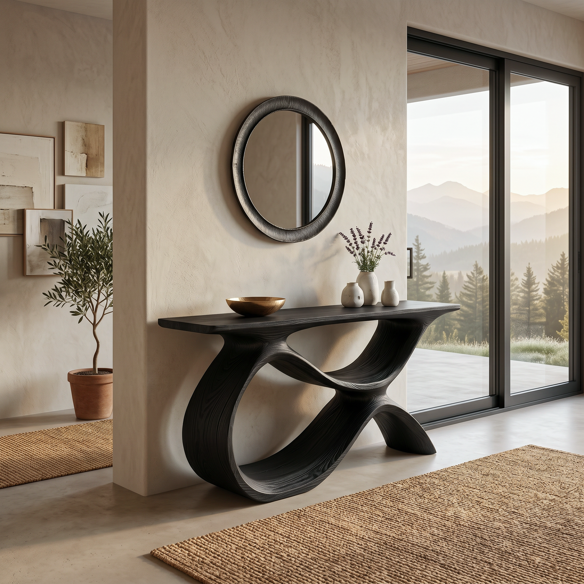 Modern Wooden Console Table With Curved Open Storage For Home - Image 4