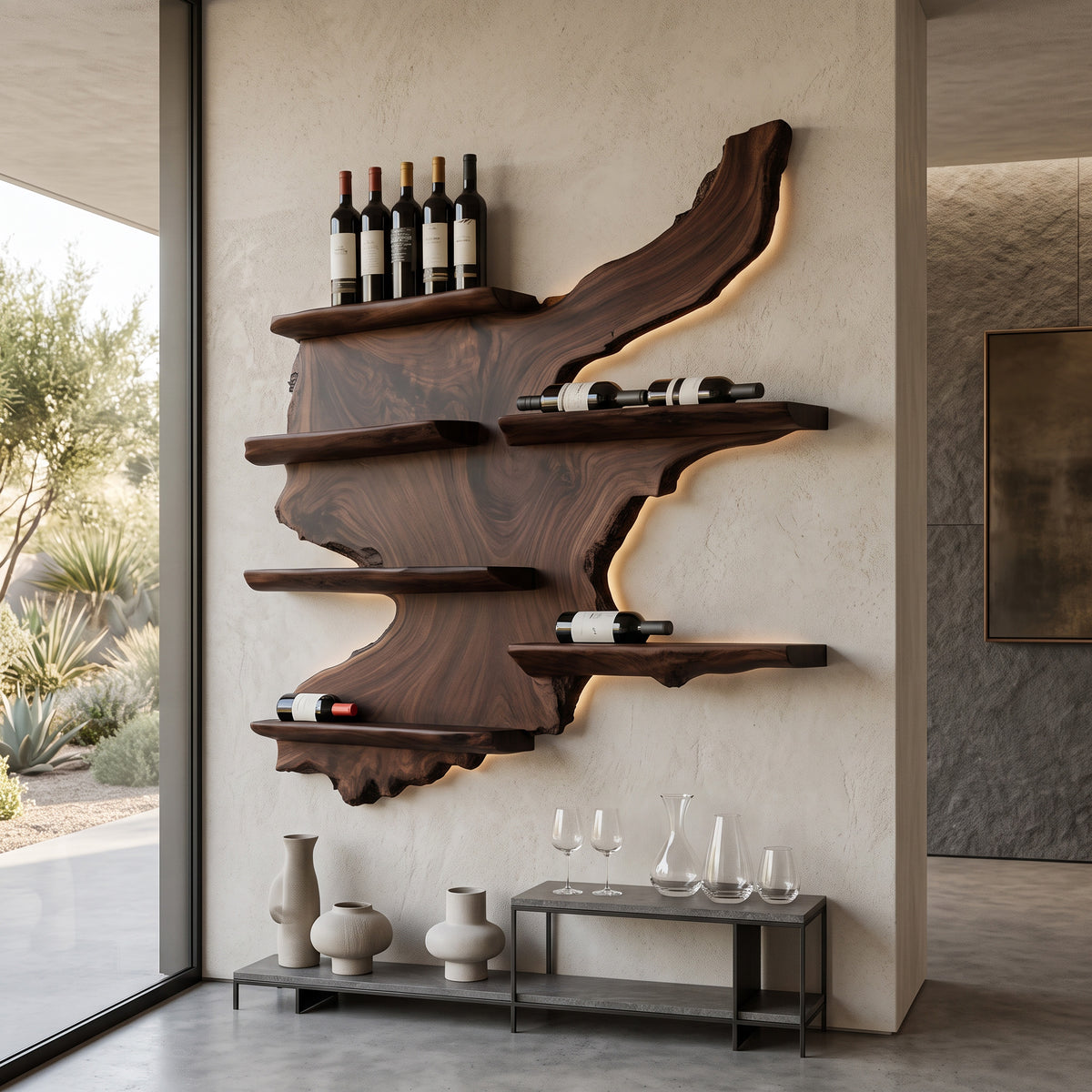Rustic Live Edge Wine Rack Shelf With LED For Bar - Image 7