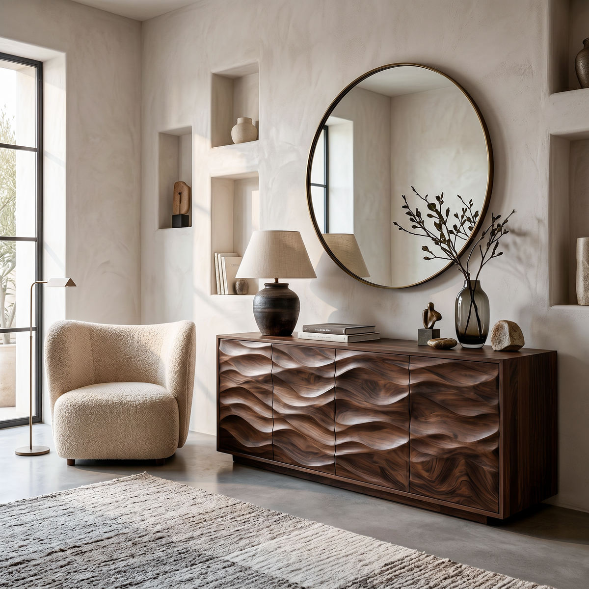 Minimalist Wooden Wave Carved Sideboard For Home - Image 8