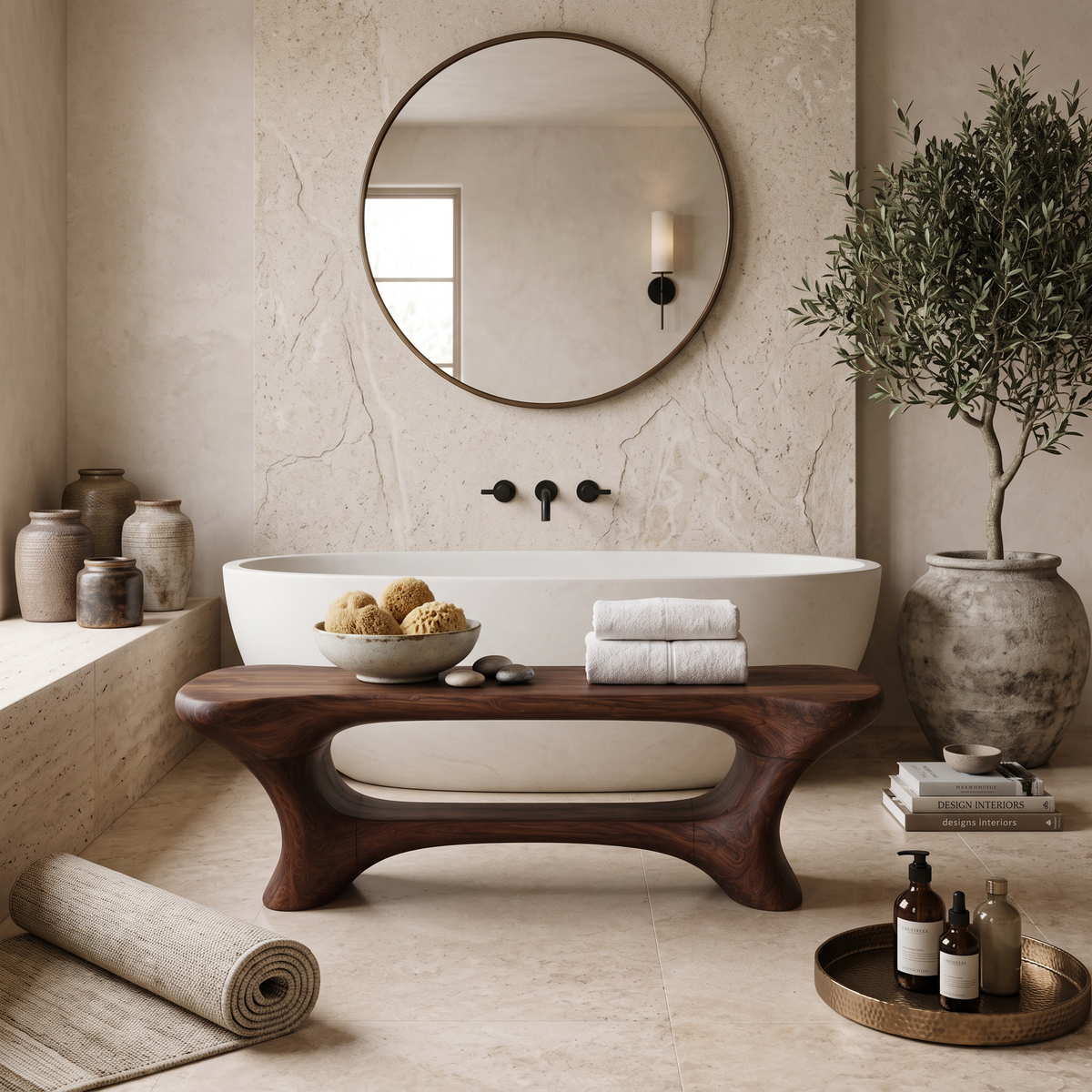Modern Organic Bathroom Seat With Center Shelf For Bathroom - Image 7