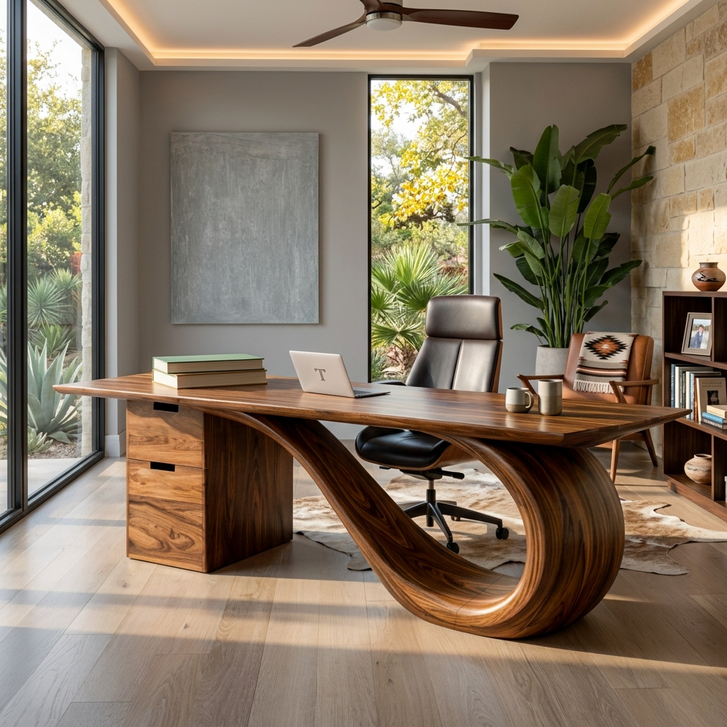Modern Wooden Desk With Curved Base For Office - Image 7