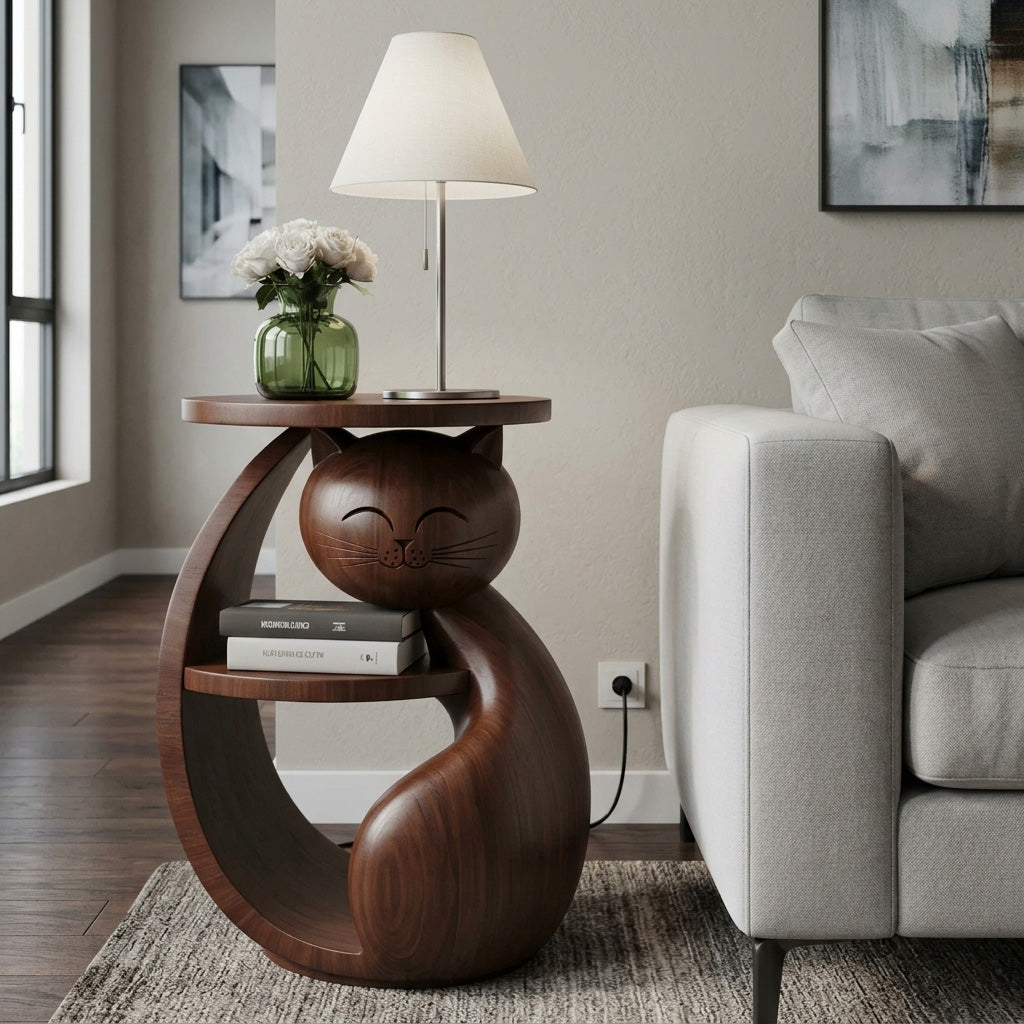 Whimsical Cat Shaped Wooden Side Table For Bedroom - Image 3