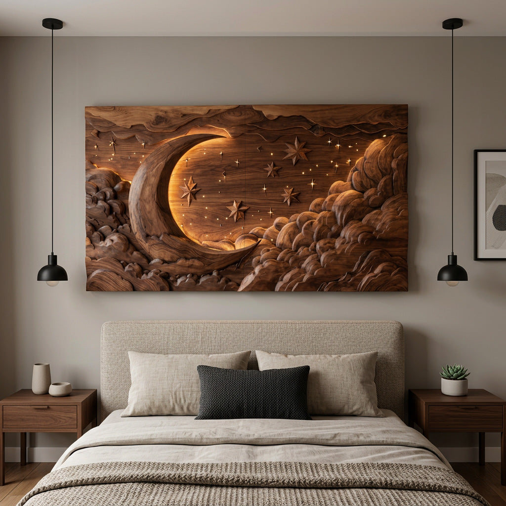 Hand Carved Wall Art Moon And Stars Panel With LED For Bedroom - Image 3