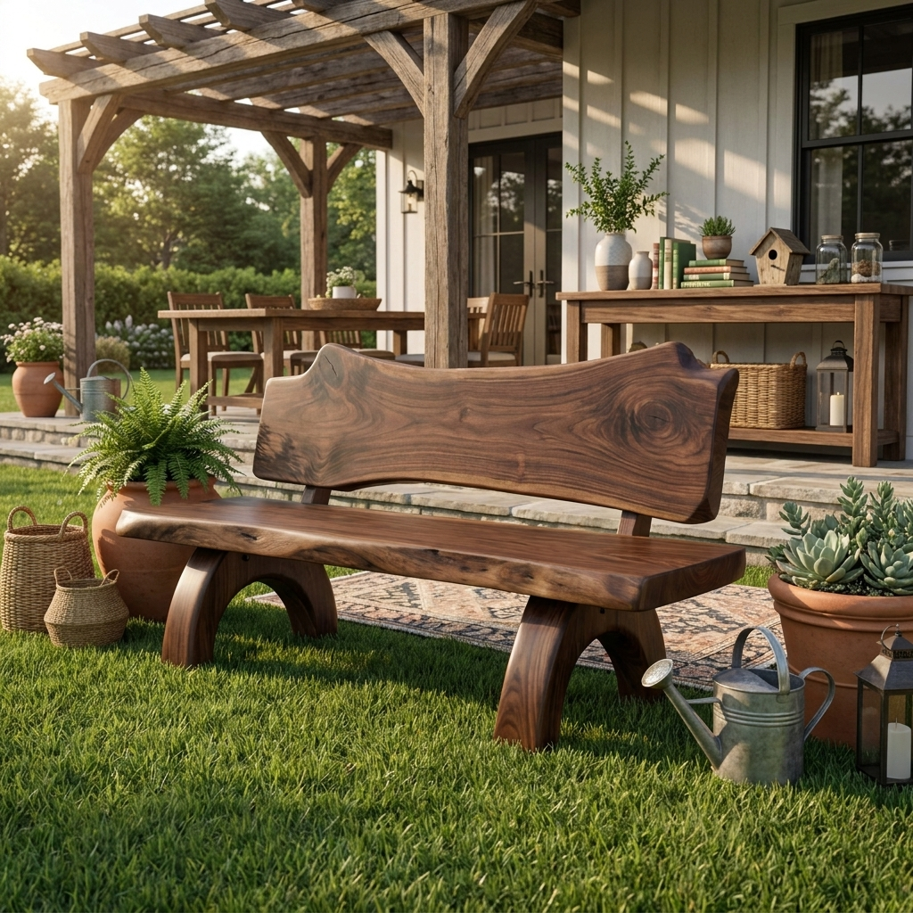 Rustic Live Edge Bench With Backrest For Patio Garden Courtyard - Image 7