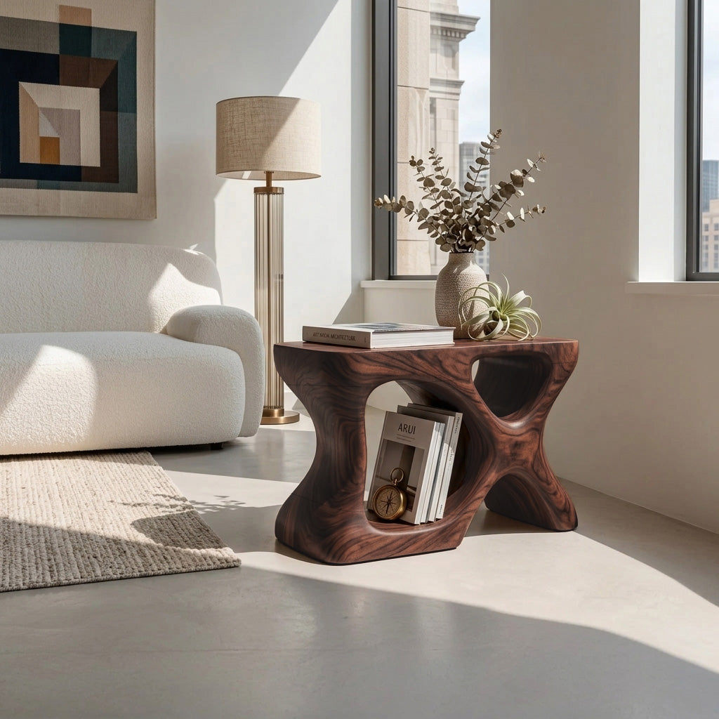 Minimalist Sculptural Wood Side Table With Organic Shape And Storage For Modern Living Room - Image 7