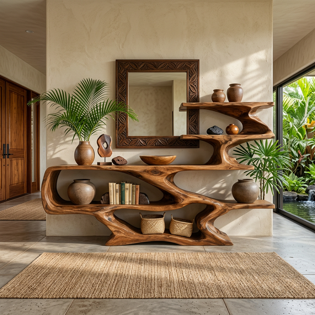 Modern Sculptural Wooden Console Table With Open Shelves For Interior - Image 6