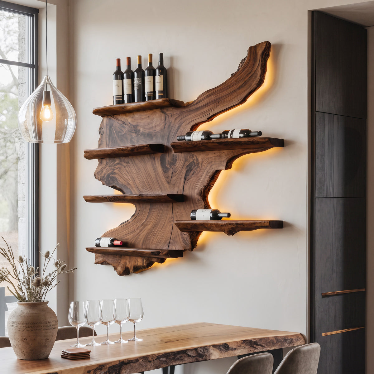 Rustic Live Edge Wine Rack Shelf With LED For Bar - Image 6