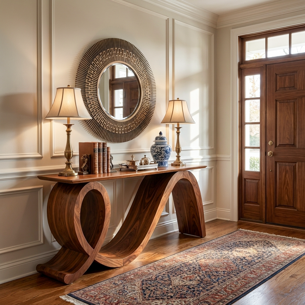 Modern Wooden Console Table Flowing Loop Base Design For Interior - Image 6
