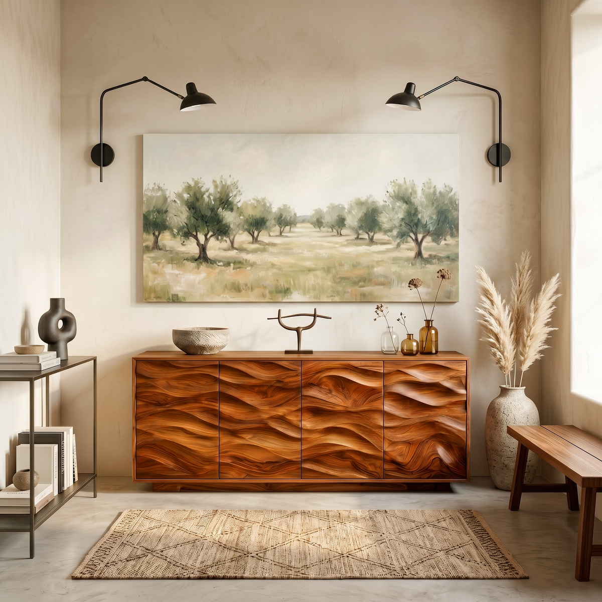 Minimalist Wooden Wave Carved Sideboard For Home - Image 7