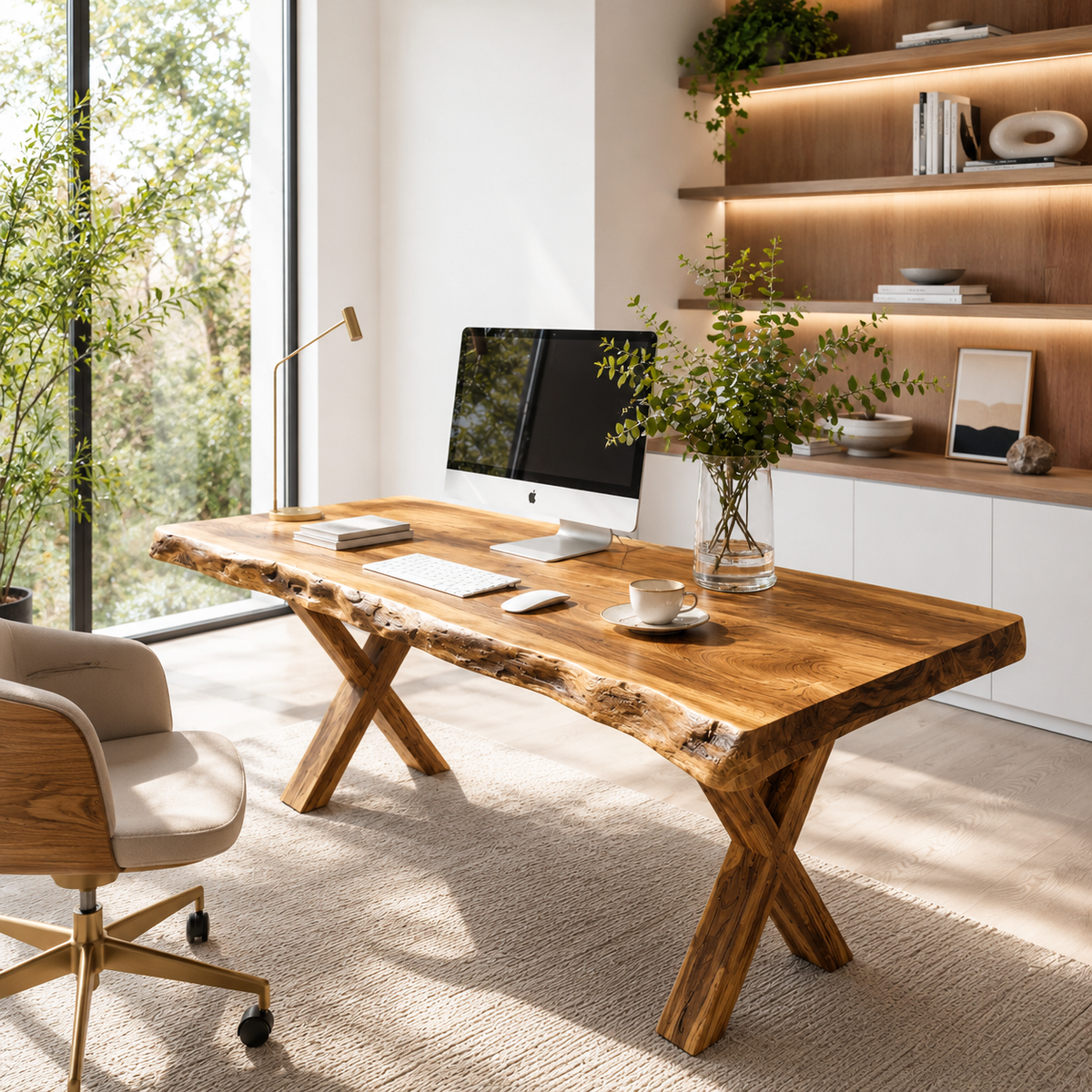 Live Edge Wooden Desk With X Legs For Rustic Home Office Or Studio - Image 6