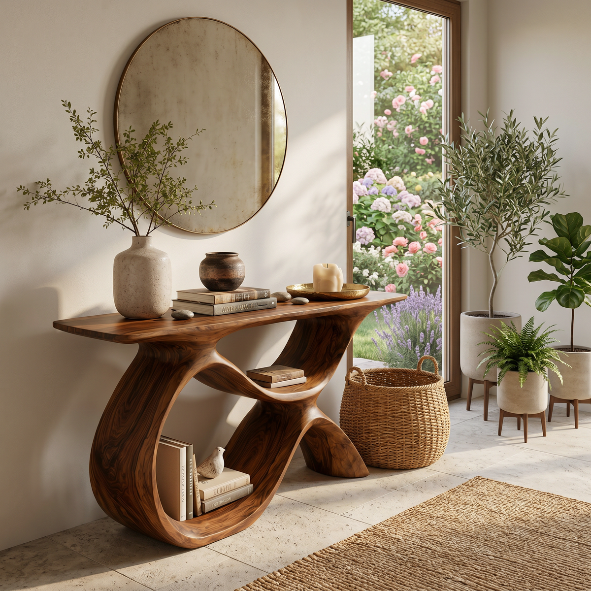 Modern Wooden Console Table With Curved Open Storage For Home - Image 6