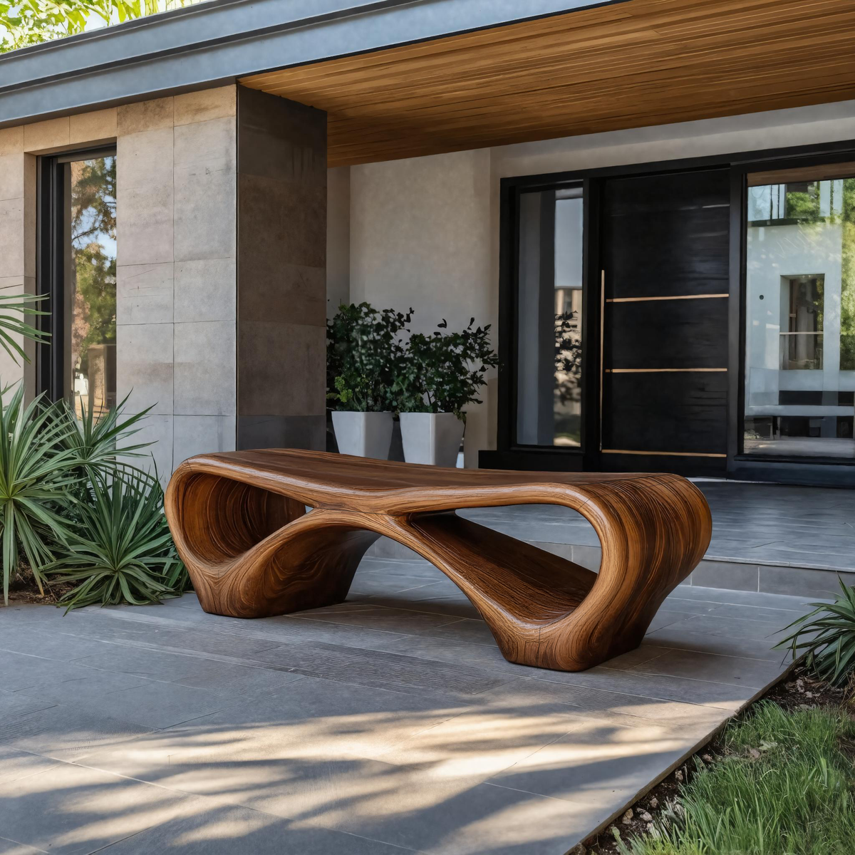 Modern Sculptural Outdoor Bench With Curved Design For Garden - Image 6
