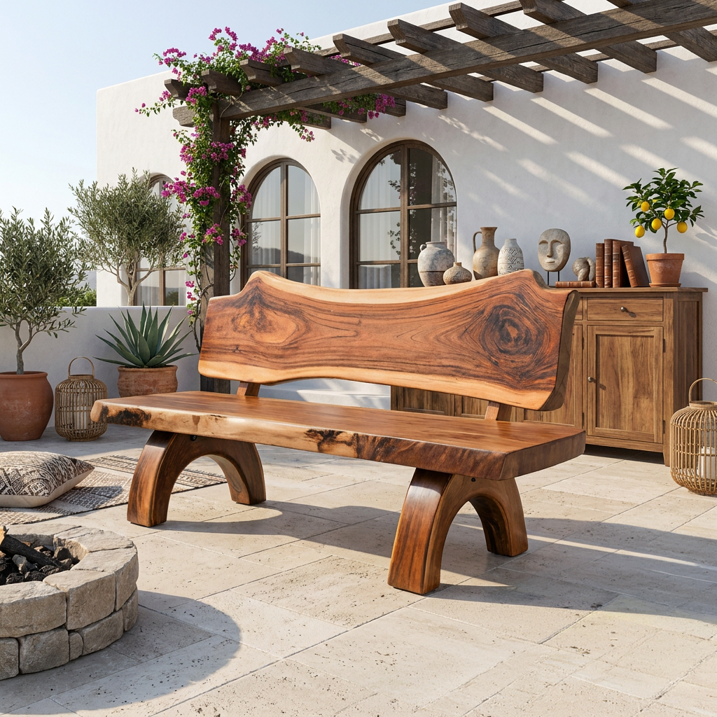 Rustic Live Edge Bench With Backrest For Patio Garden Courtyard - Image 6