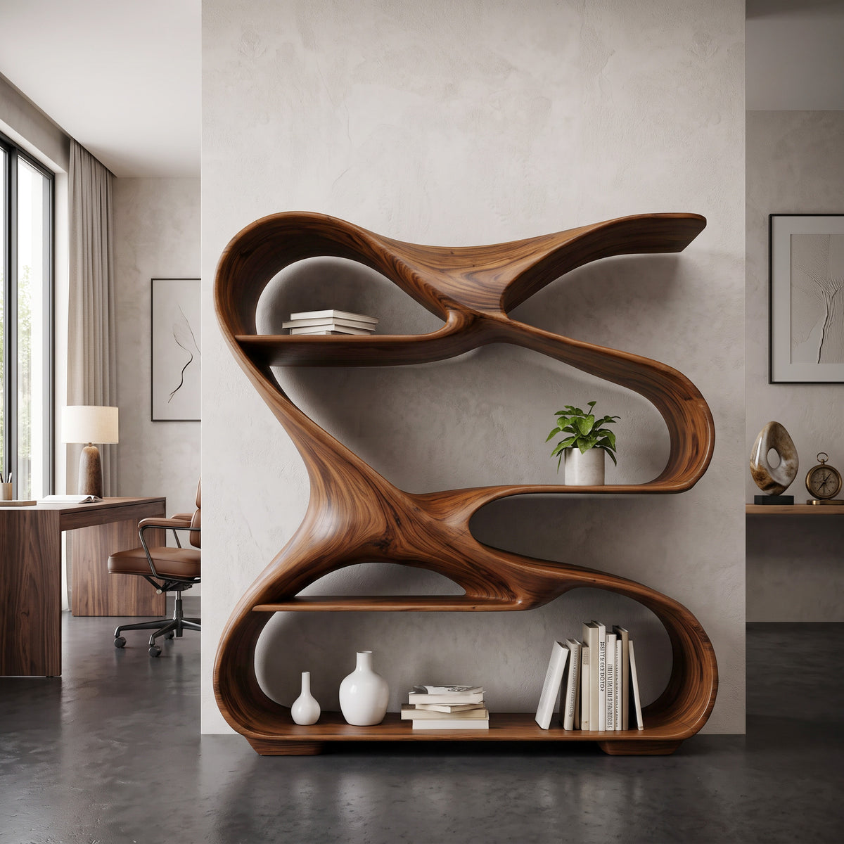 Modern Sculptural Wooden Bookshelf For Living Room Or Office Display - Image 6