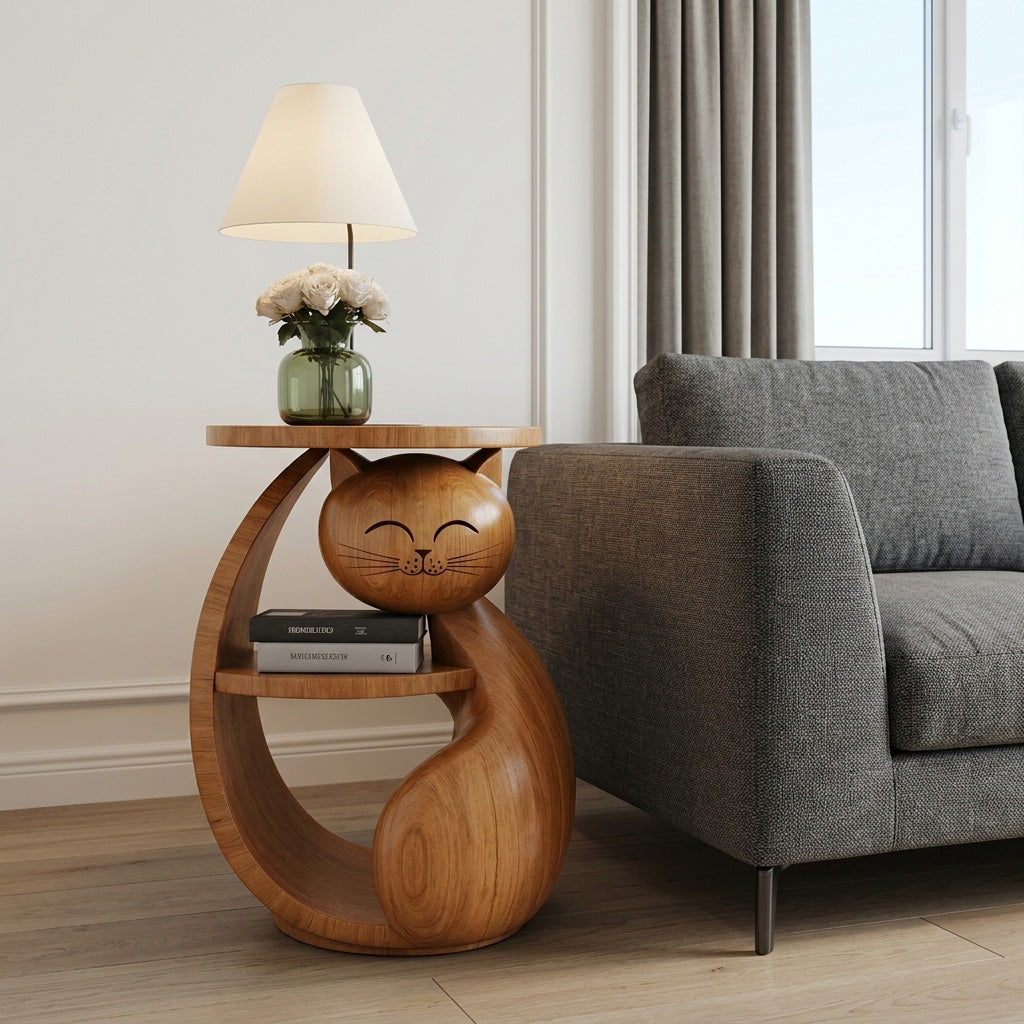 Whimsical Cat Shaped Wooden Side Table For Bedroom - Image 6