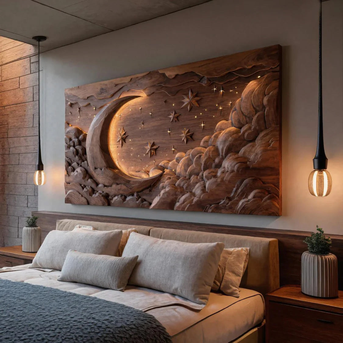 Hand Carved Wall Art Moon And Stars Panel With LED For Bedroom - Image 5