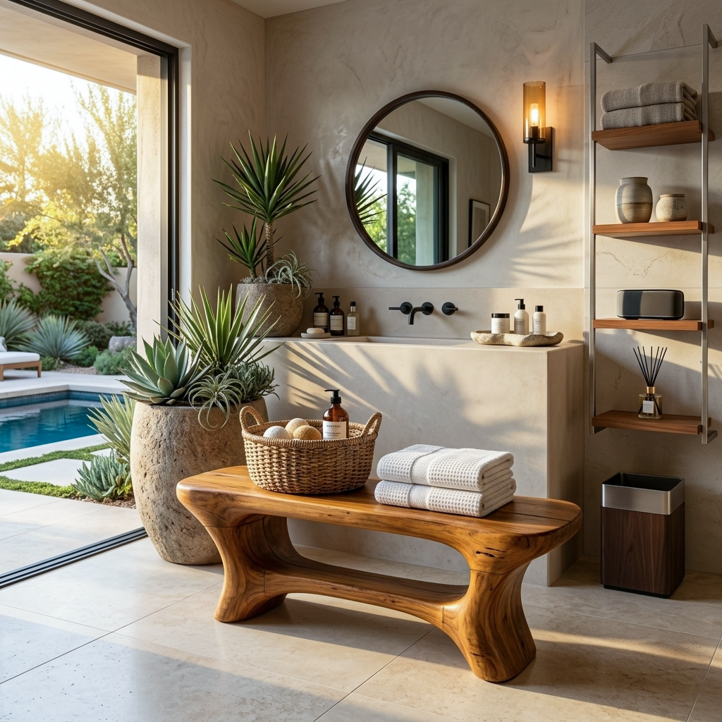 Modern Organic Bathroom Seat With Center Shelf For Bathroom - Image 6