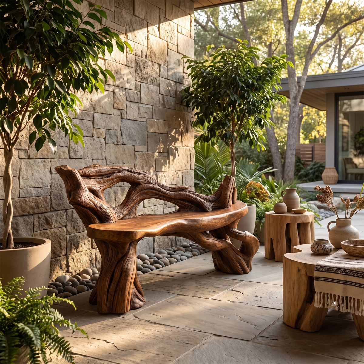 Handcrafted Branch Bench Outdoor Decor For Hand Carved Gardens - Image 6