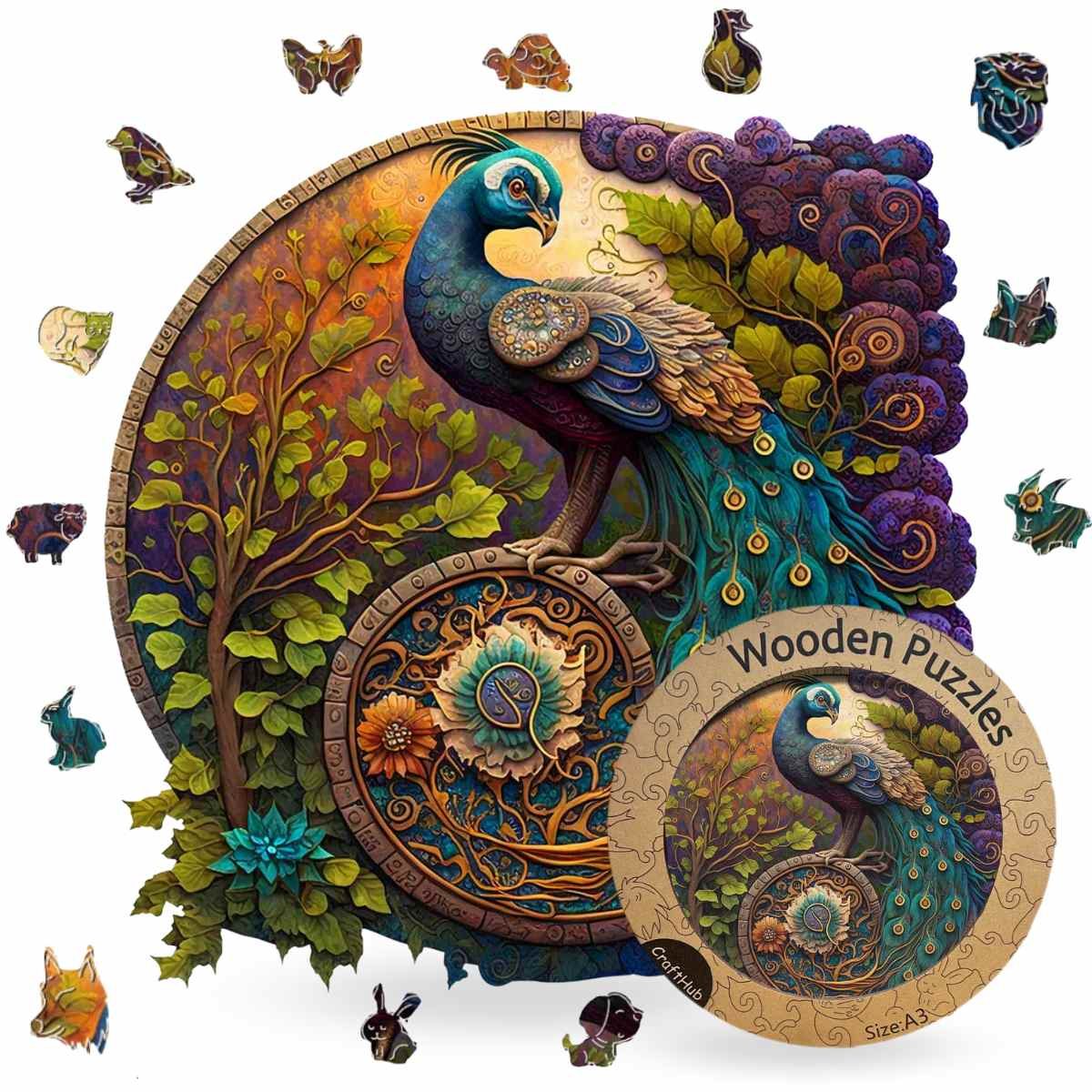 Peacock Yin Yang Wooden Jigsaw Puzzle – Unique Shaped Pieces for Adults - Image 4