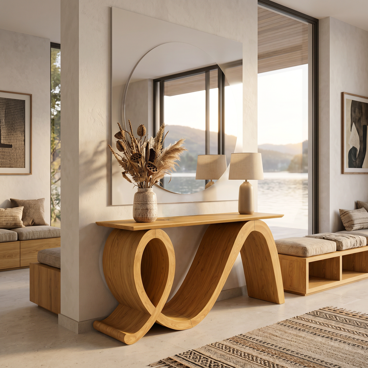 Modern Wooden Console Table Flowing Loop Base Design For Interior - Image 5