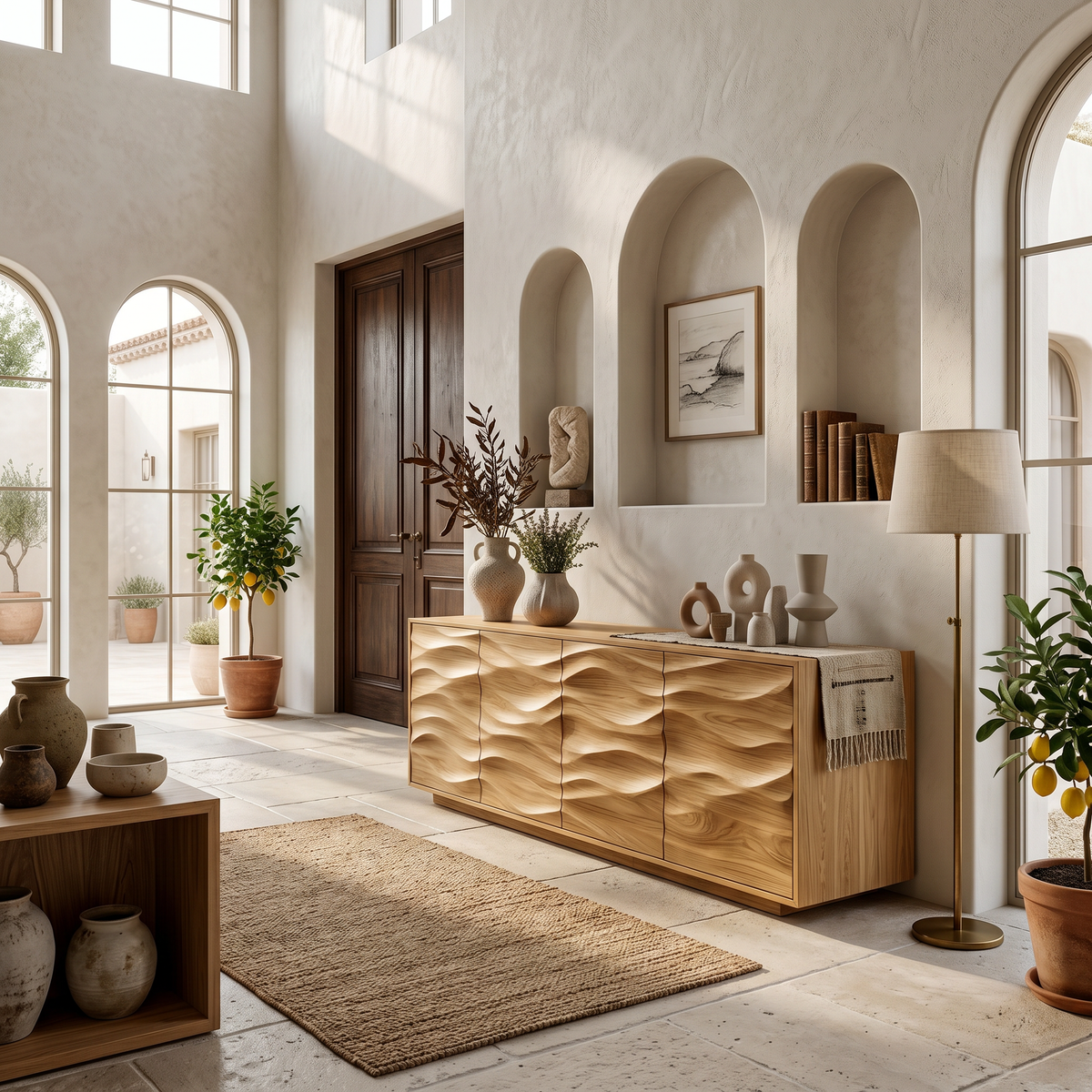 Minimalist Wooden Wave Carved Sideboard For Home - Image 6