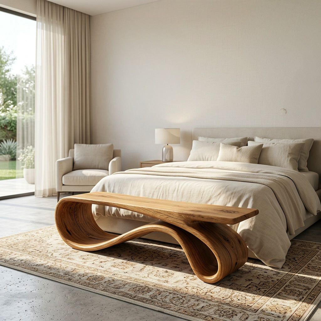 Curved Natural Wood Bench For Contemporary Living Room Decor - Image 5