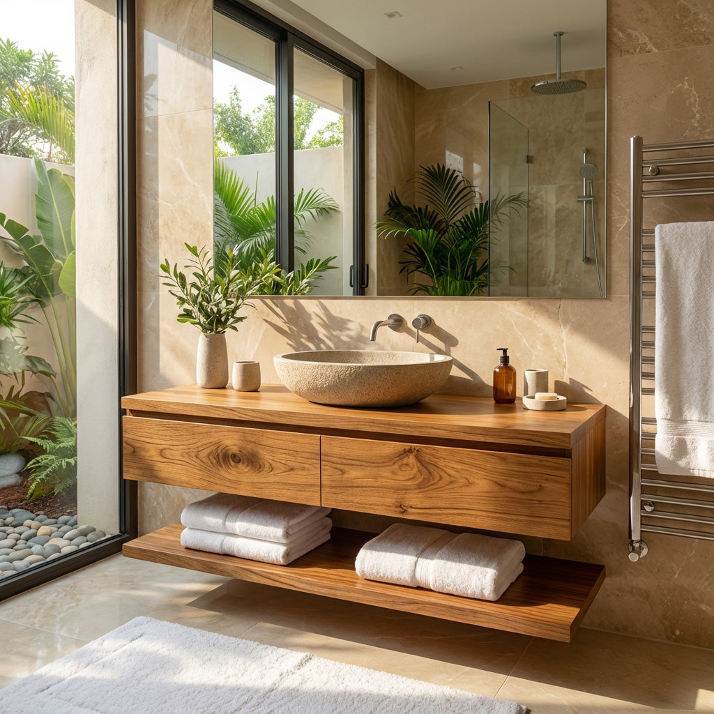 Minimalist Natural Wood Wall Mounted Bathroom Vanity For Bathroom - Image 5