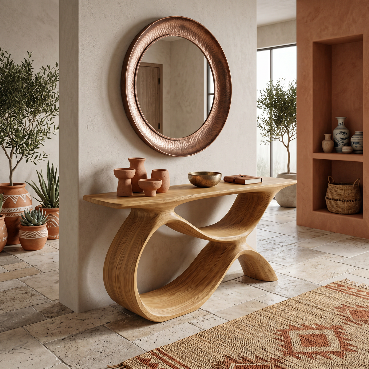 Modern Wooden Console Table With Curved Open Storage For Home - Image 5
