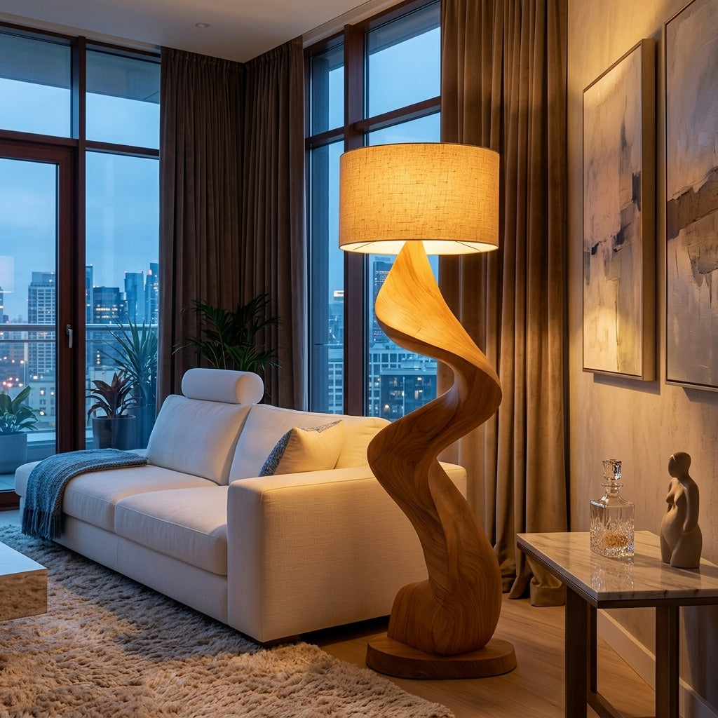 Modern Natural Wood Sculptural Floor Lamp For Living Room Decor - Image 5