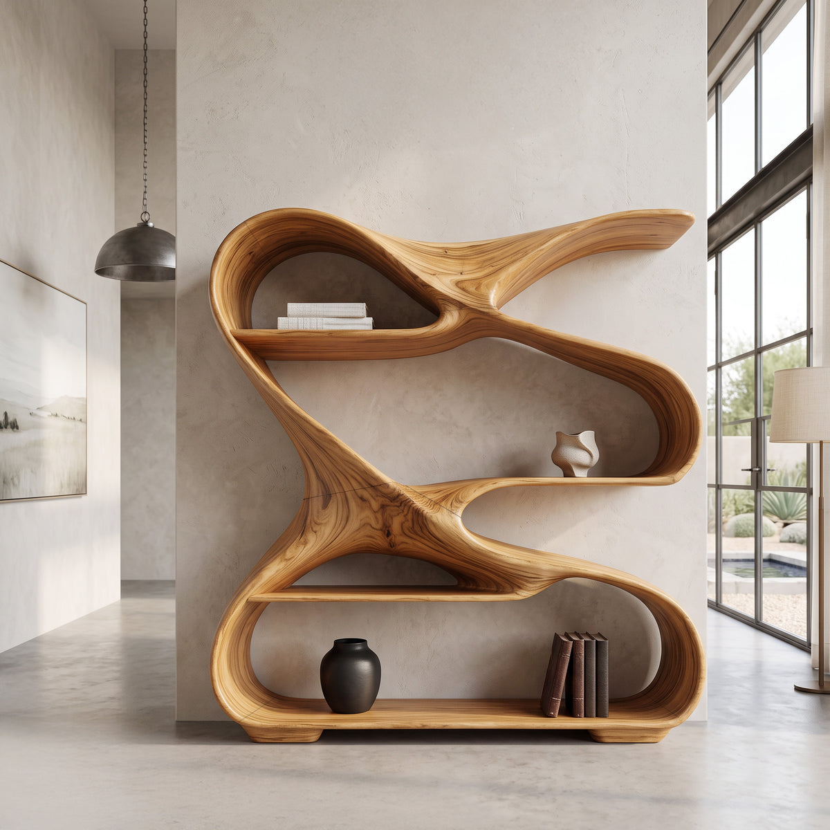 Modern Sculptural Wooden Bookshelf For Living Room Or Office Display - Image 5